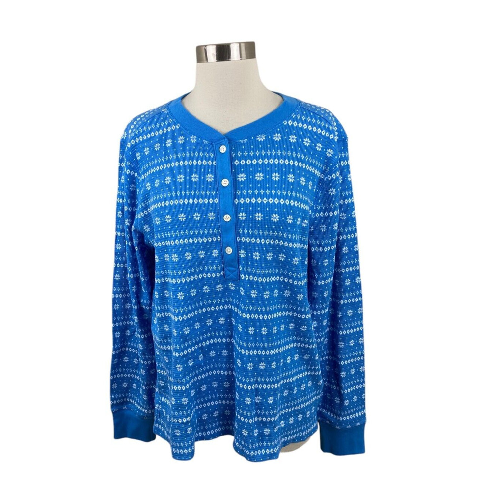 J. Crew NEW Henley Waffle Thermal Blue Fair Isle Size XL Cozy Pajama Top